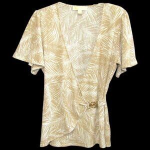 Michael Michael Kors Womens Size M Faux Wrap Top Beige Palm Print Gold Logo